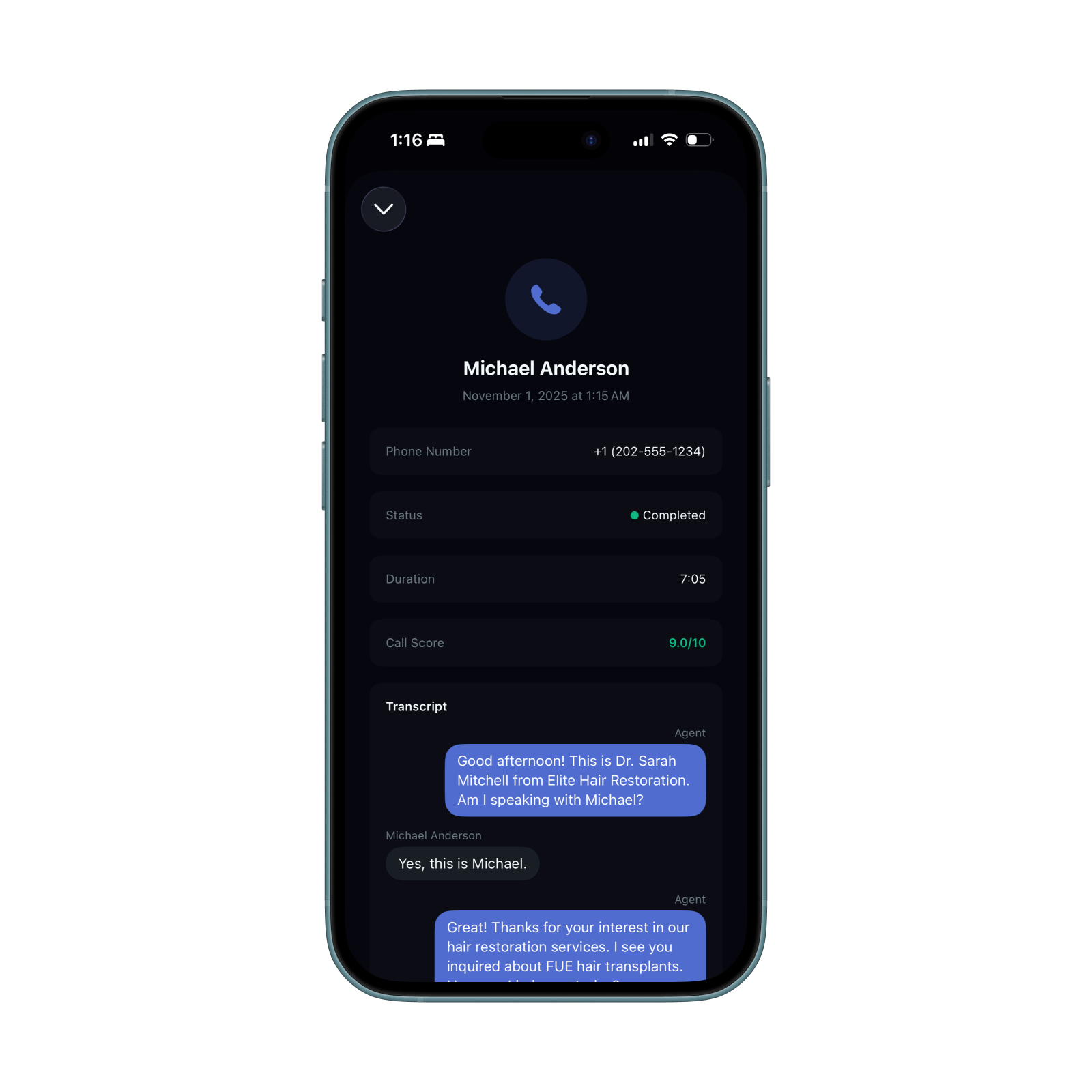 Agenlead call detail with score and AI transcript