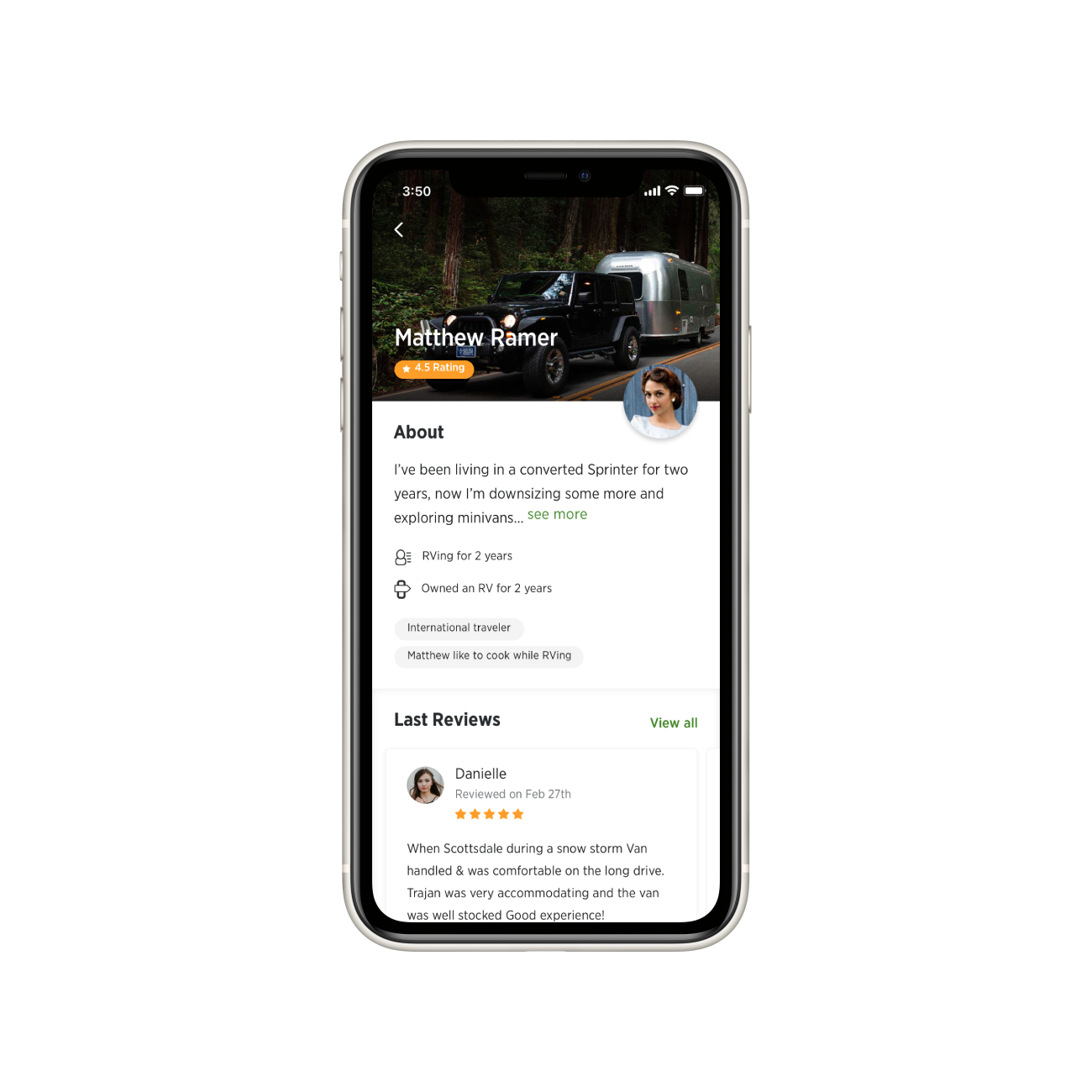 Outdoorsy host profile with rating and reviews