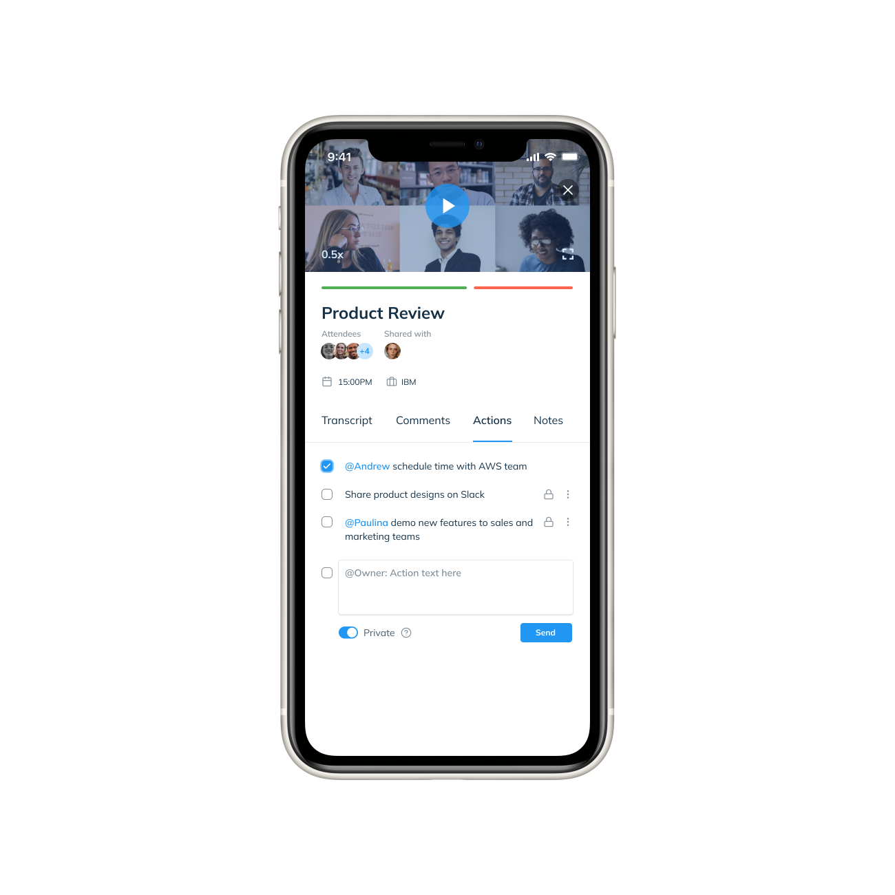 PatternAI meeting detail — recording with transcript, comments, action items and notes