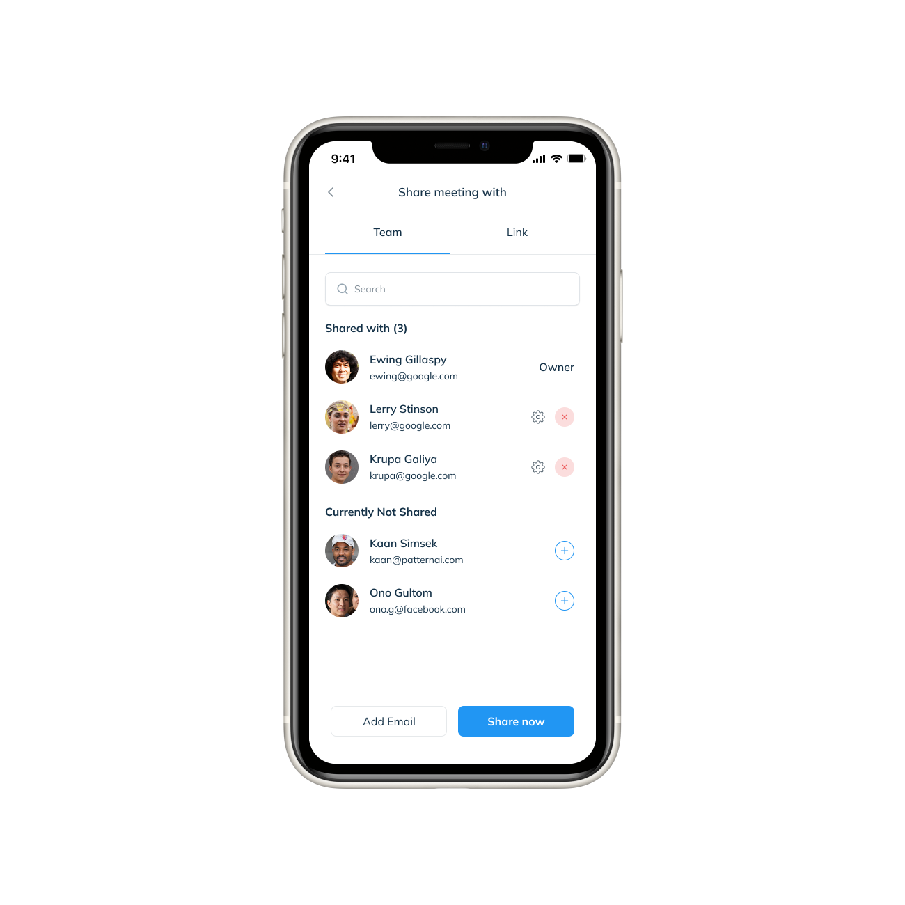 PatternAI share meeting — teammates with access and people to add
